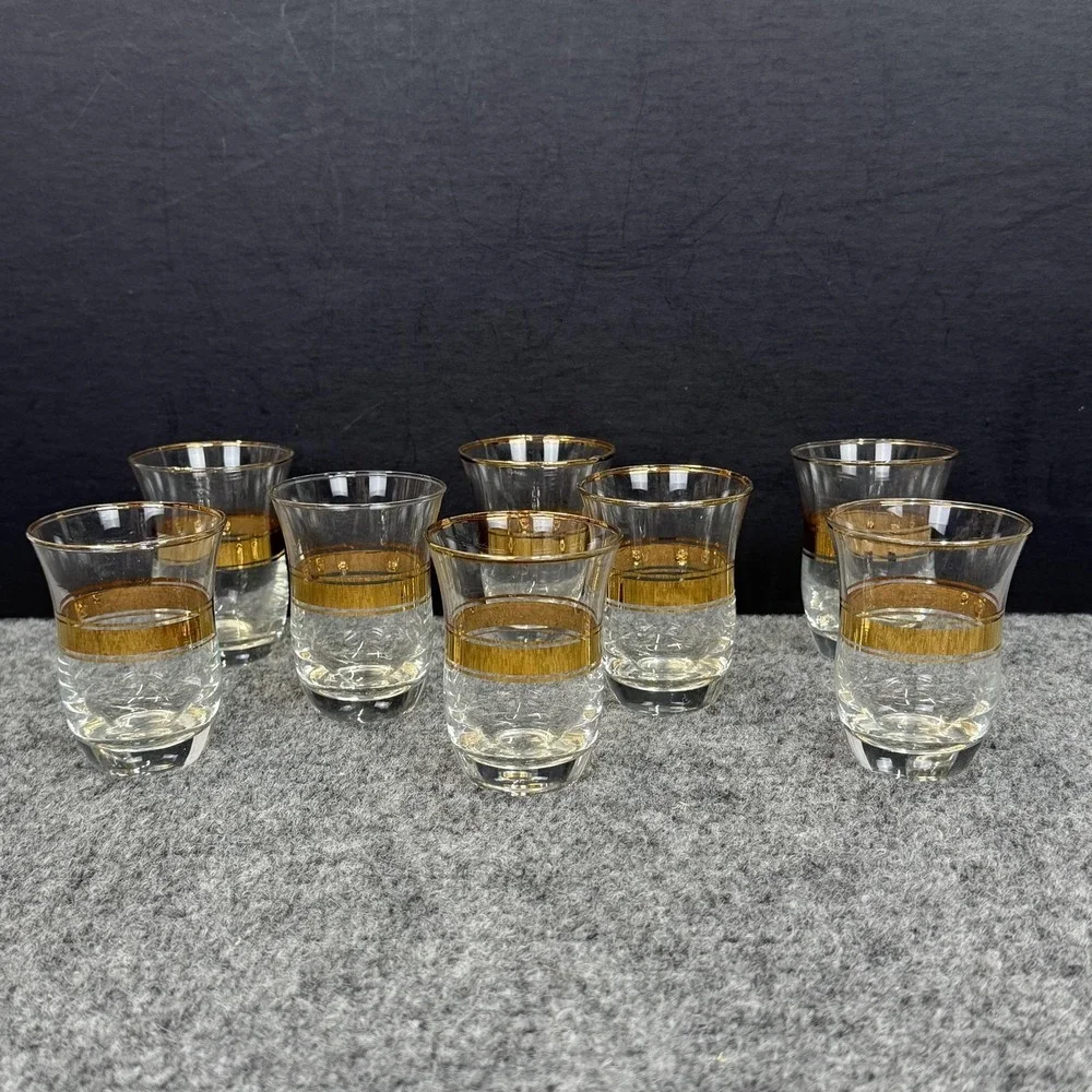VTG Turkish Tea Glasses SET OF 8 Gold Band Rimmed Cordial Retro MCM Barware